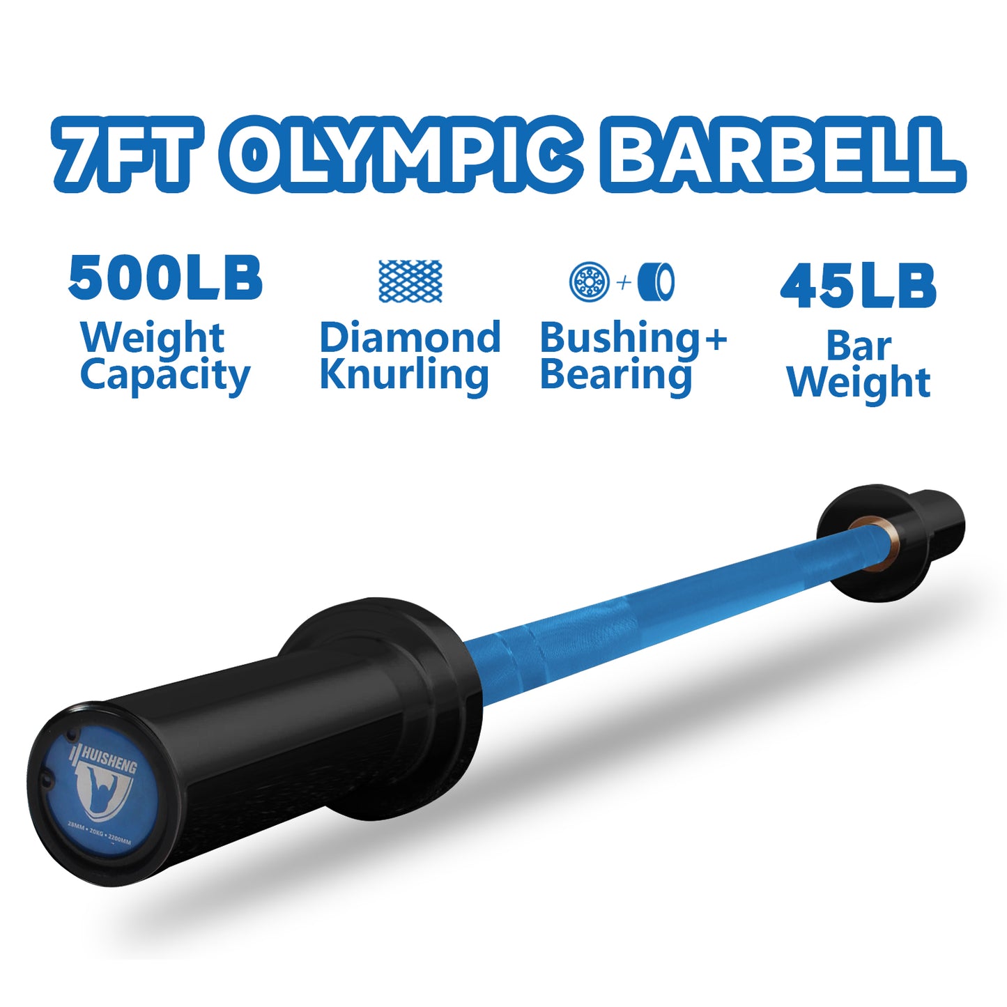 HUISHENG 7FT blue Olympic Barbell 45LB Weightlifting Bar Bearing Spin Bar,Ceramic Coating,500-1000 LBS Capacity,28mm High Whip,Fits 2" Plates,for Home Gym