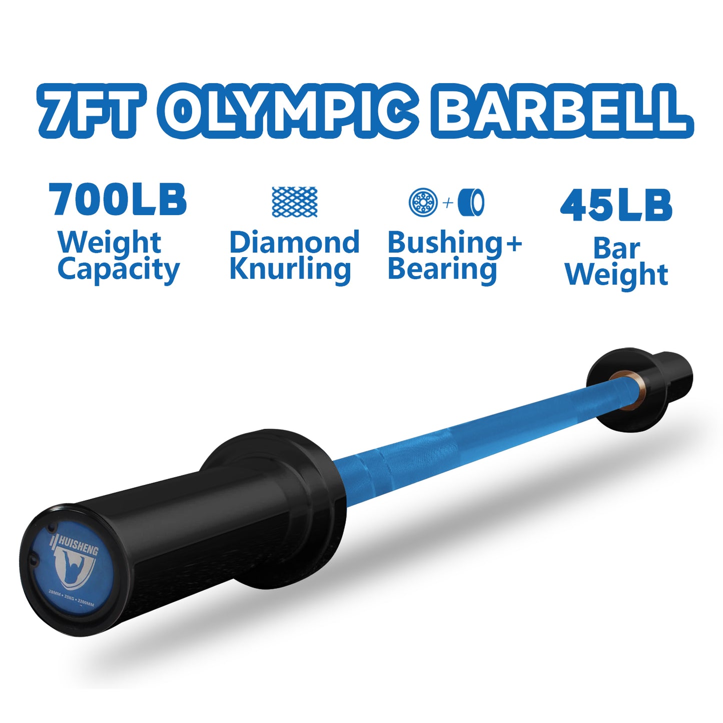 HUISHENG 7FT blue Olympic Barbell 45LB Weightlifting Bar Bearing Spin Bar,Ceramic Coating,500-1000 LBS Capacity,28mm High Whip,Fits 2" Plates,for Home Gym