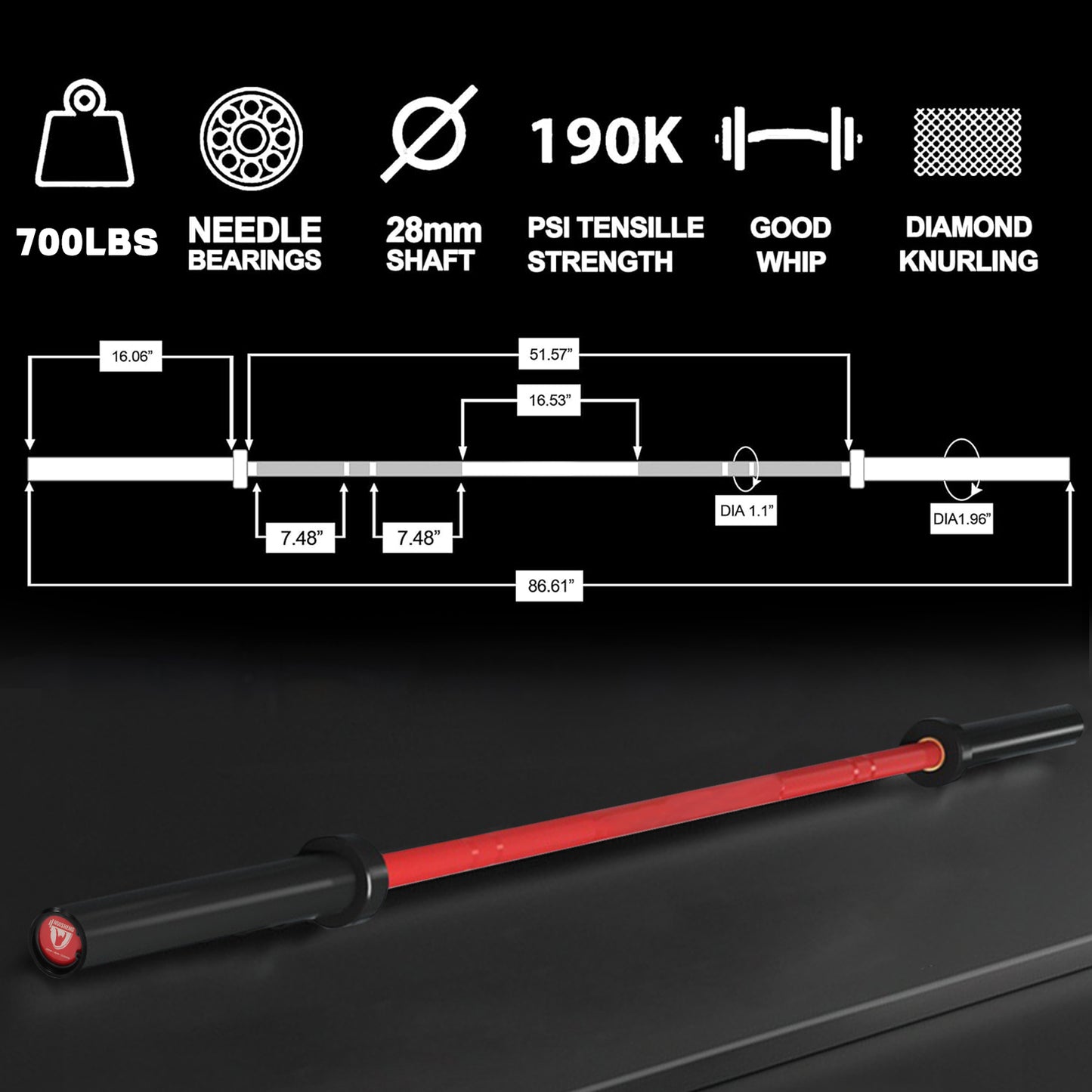 HUISHENG 7FT red Olympic Barbell 45LB Weightlifting Bar Bearing Spin Bar,Ceramic Coating,500-1000 LBS Capacity,28mm High Whip,Fits 2" Plates,for Home Gym