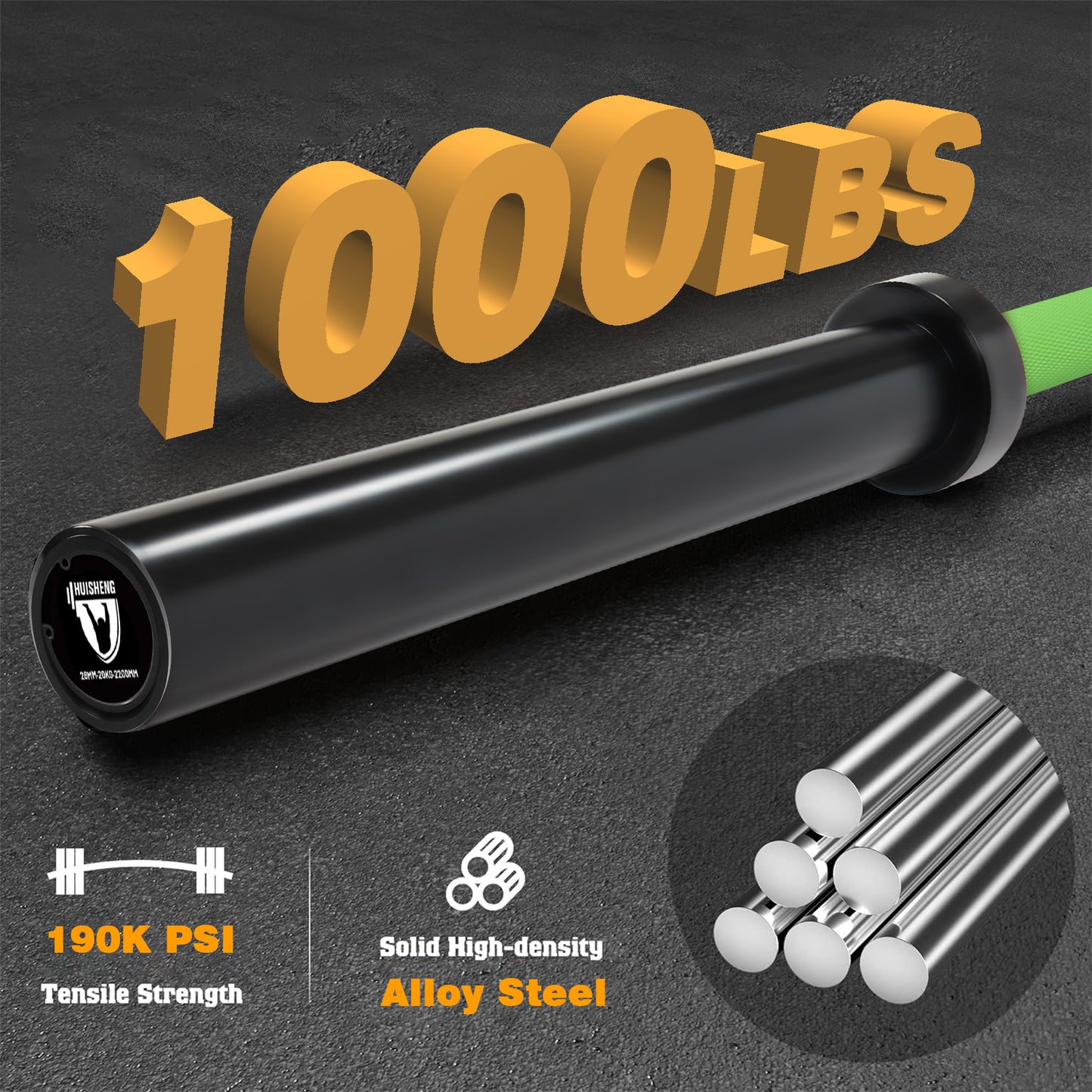 HUISHENG 7FT Green Olympic Barbell 45LB Weightlifting Bar Bearing Spin Bar,Ceramic Coating,1000 LBS Capacity,28mm High Whip,Fits 2" Plates,for Home Gym