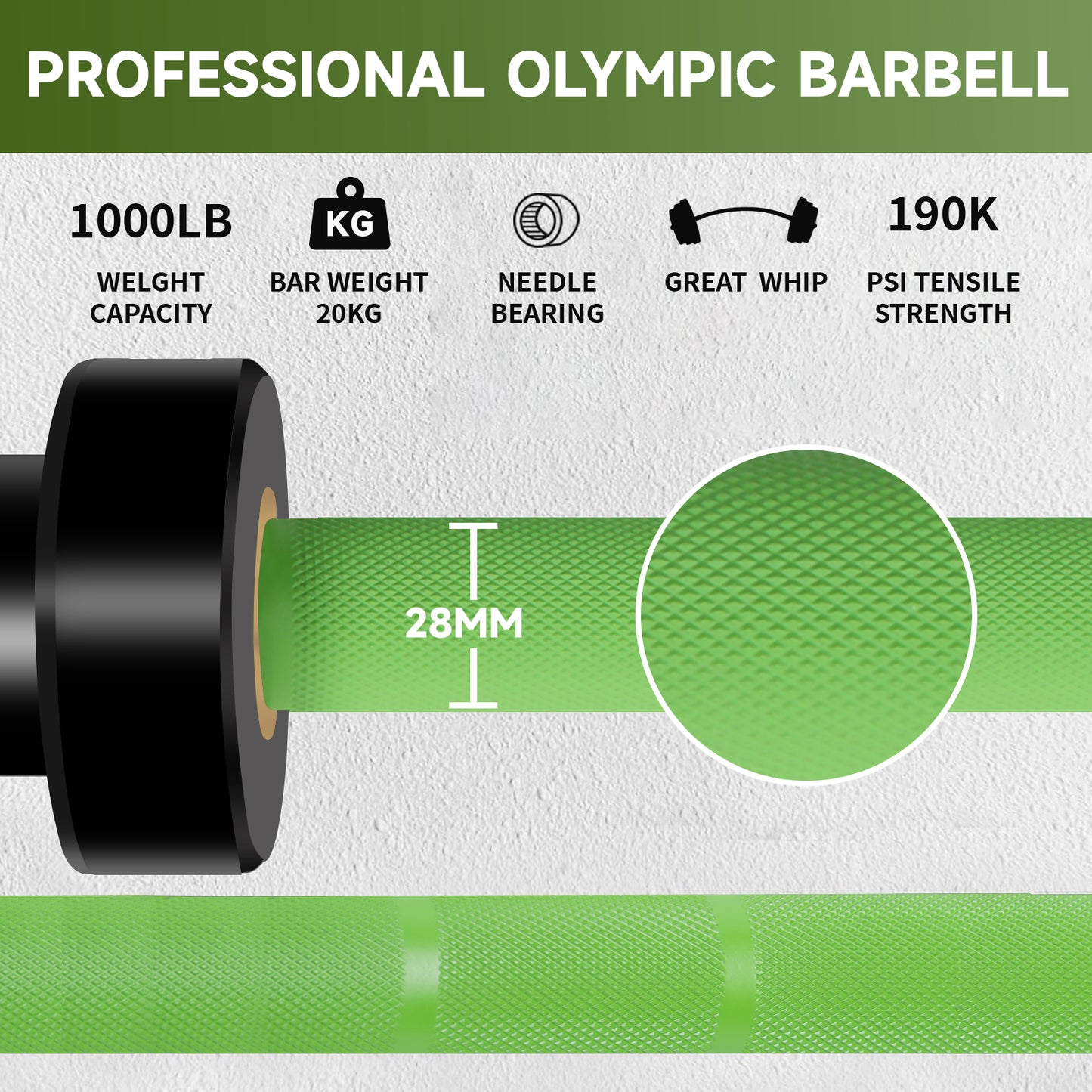 HUISHENG 7FT Green Olympic Barbell 45LB Weightlifting Bar Bearing Spin Bar,Ceramic Coating,1000 LBS Capacity,28mm High Whip,Fits 2" Plates,for Home Gym