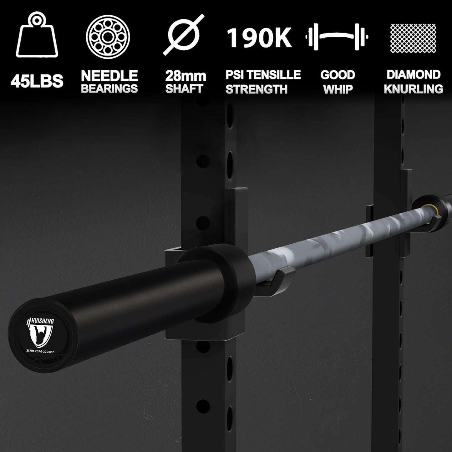 HUISHENG 7FT Camo-Gray Olympic Barbell 45LB Weightlifting Bar Bearing Spin Bar,Ceramic Coating,500-1000 LBS Capacity,28mm High Whip,Fits 2" Plates,for Home Gym