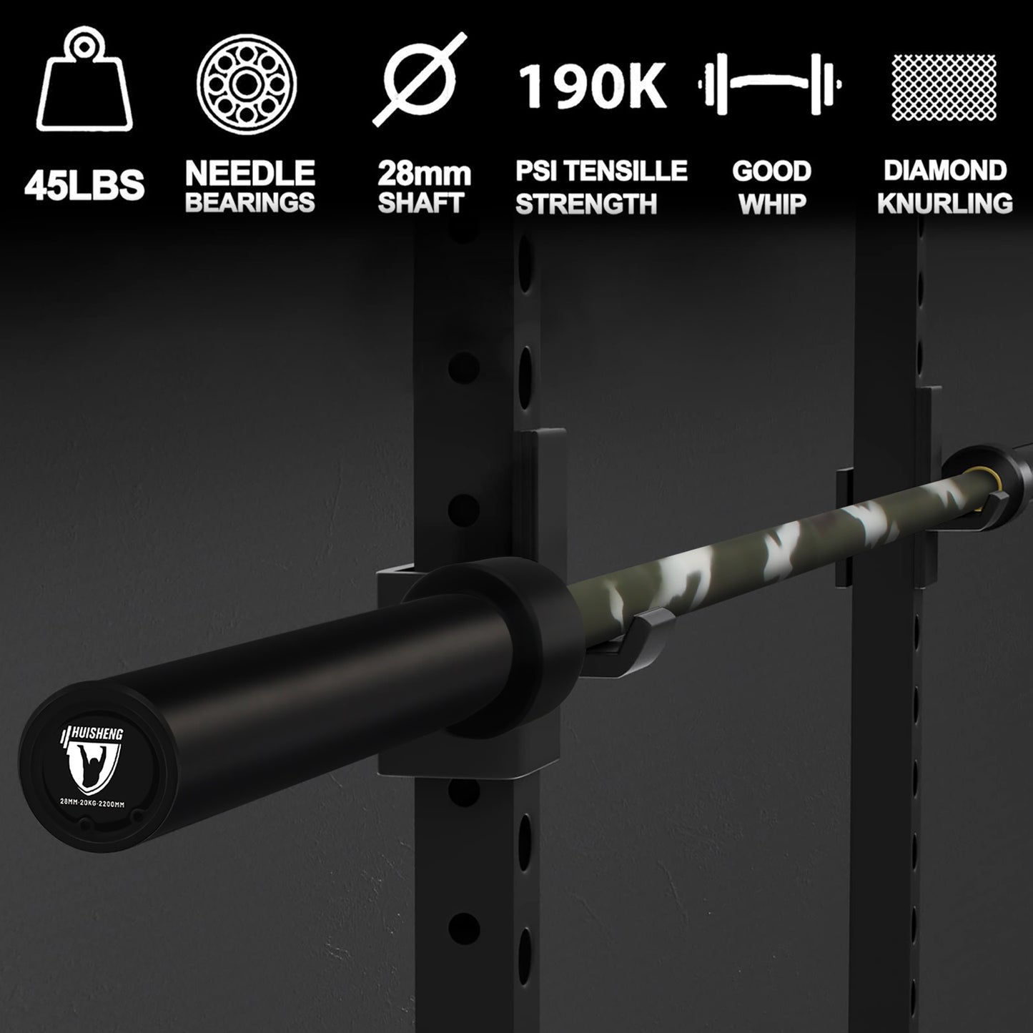HUISHENG 7FT Camo Olympic Barbell 45LB Weightlifting Bar Bearing Spin Bar,Ceramic Coating,500-1000 LBS Capacity,28mm High Whip,Fits 2" Plates,for Home Gym