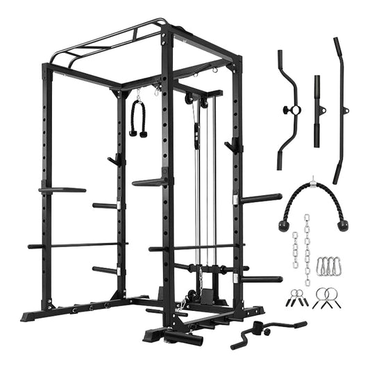 Power Cage With Pulley System - Squat Rack, Pull-Up Bar & Cable Machine For Home Gym