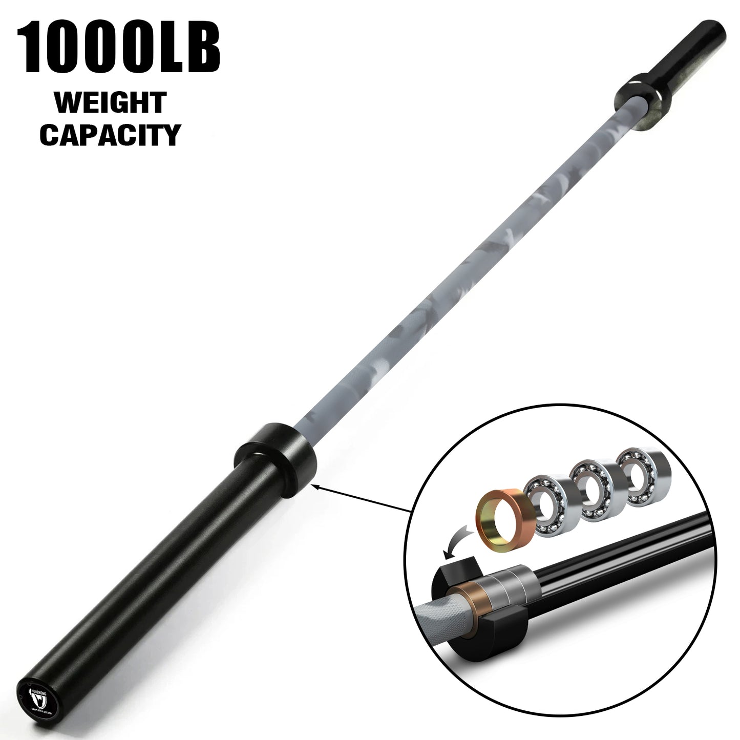 HUISHENG 7FT Camo-Gray Olympic Barbell 45LB Weightlifting Bar Bearing Spin Bar,Ceramic Coating,500-1000 LBS Capacity,28mm High Whip,Fits 2" Plates,for Home Gym