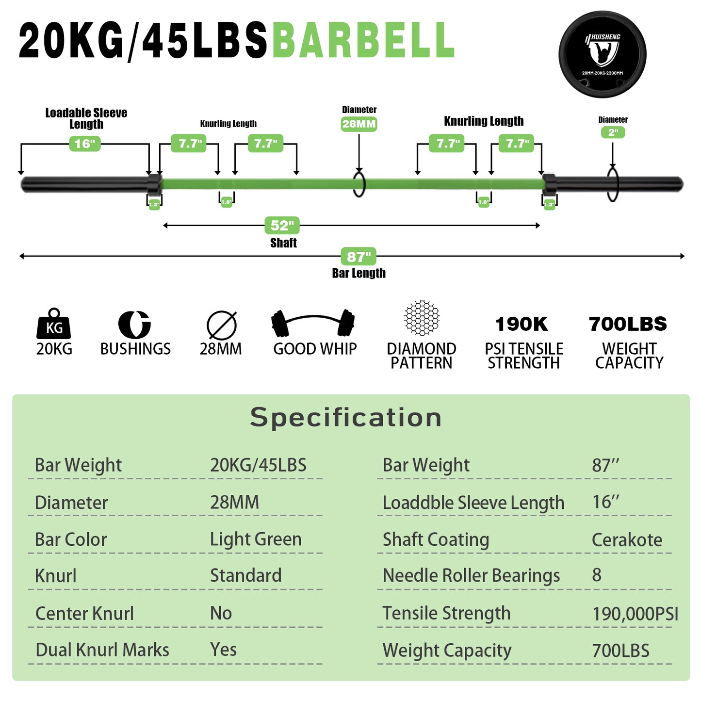 HUISHENG 7FT Green Olympic Barbell 45LB Weightlifting Bar Bearing Spin Bar,Ceramic Coating,1000 LBS Capacity,28mm High Whip,Fits 2" Plates,for Home Gym