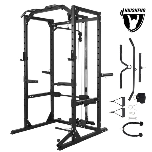 All-in-One Power Rack Cage with Lat Pulldown System, Multi-Functional Home Gym Squat Rack