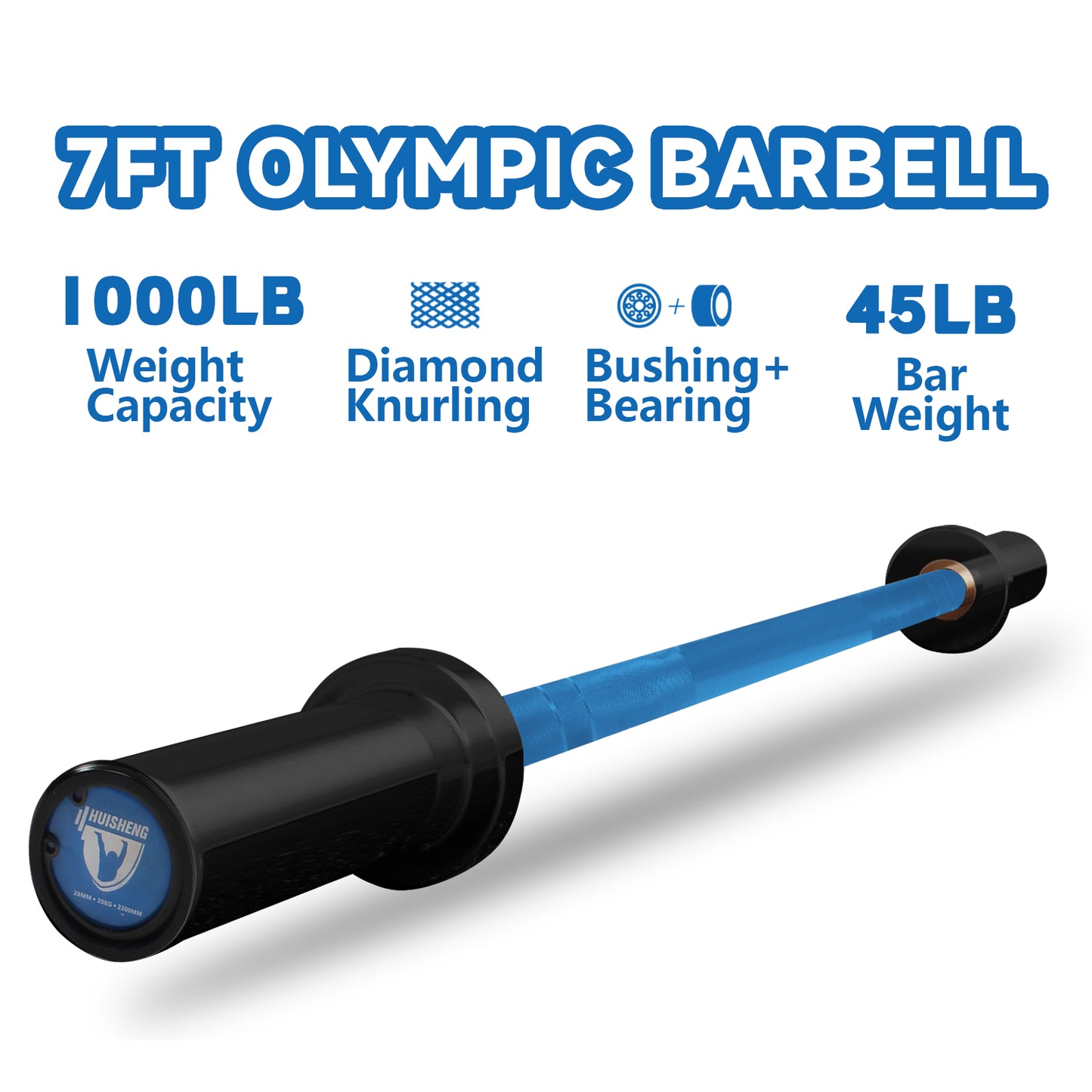 HUISHENG 7FT blue Olympic Barbell 45LB Weightlifting Bar Bearing Spin Bar,Ceramic Coating,500-1000 LBS Capacity,28mm High Whip,Fits 2" Plates,for Home Gym