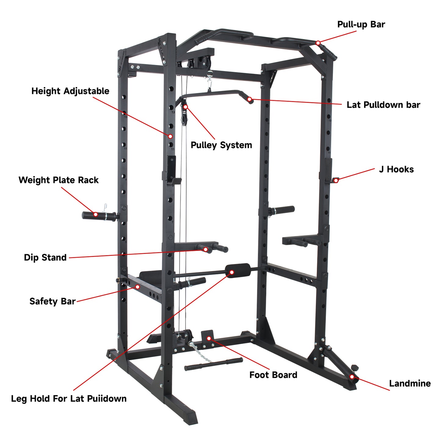 All-in-One Power Rack Cage with Lat Pulldown System, Multi-Functional Home Gym Squat Rack
