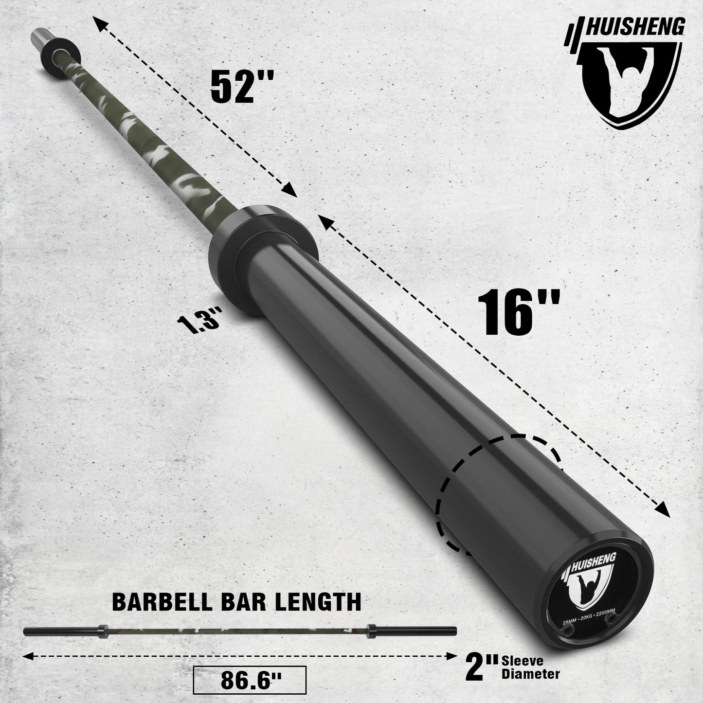 HUISHENG 7FT ‎Camo Olympic Barbell 45LB Weightlifting Bar Bearing Spin Bar,Ceramic Coating,500-1000 LBS Capacity,28mm High Whip,Fits 2" Plates,for Home Gym