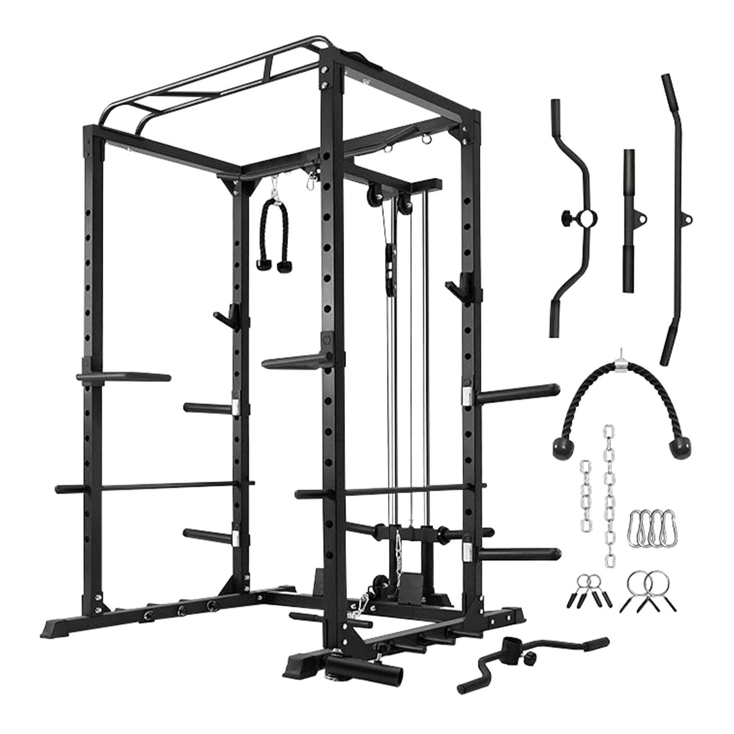 Power Cage With Pulley System - Squat Rack, Pull-Up Bar & Cable Machine For Home Gym